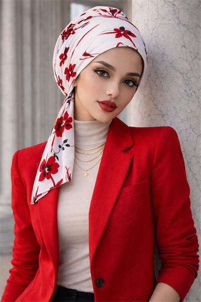 Beyaz Kırmızı Çiçekli Eşarp Bone