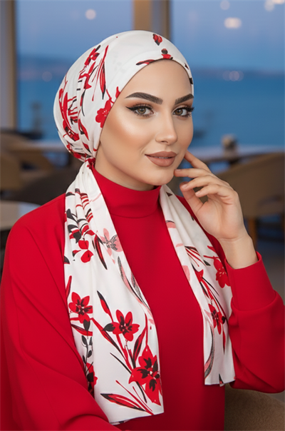 Beyaz Kırmızı Çiçekli Eşarp Bone