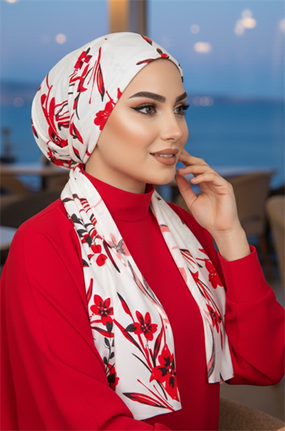 Beyaz Kırmızı Çiçekli Eşarp Bone