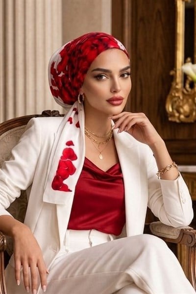 Beyaz Kırmızı Gül Desen Eşarp Bone