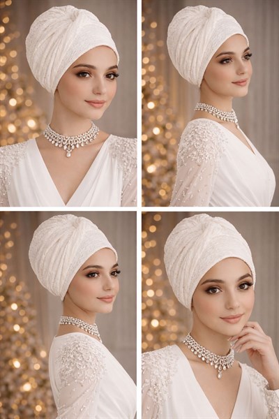 Beyaz Kordone Dantel Burgu Detaylı Abiye Bone