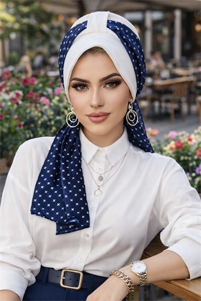 Beyaz Lacivert Desen Fularlı Şapka Bone