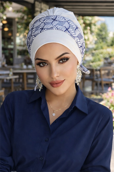 Beyaz Lacivert Spiral Desen Bantlı Bone