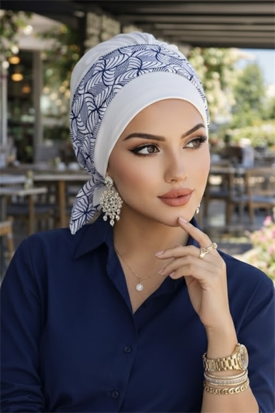 Beyaz Lacivert Spiral Desen Bantlı Bone