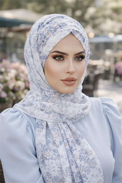 Beyaz Mavi Bahar Desen Hazır Şal