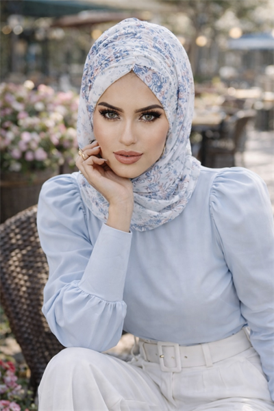 Beyaz Mavi Bahar Desen Hazır Şal