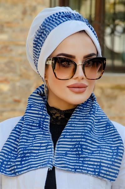 Beyaz Mavi Çizgi Desen Fularlı Bone