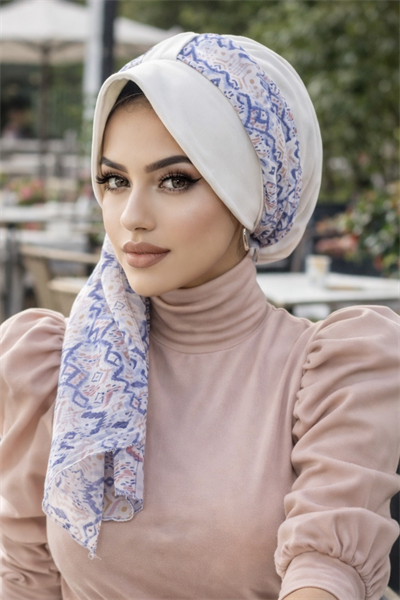 Beyaz Mavi Desenli Fularlı Şapka Bone