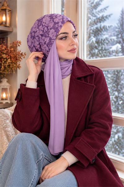 Lila Çiçek Şallı Salaş Tesettür Bere