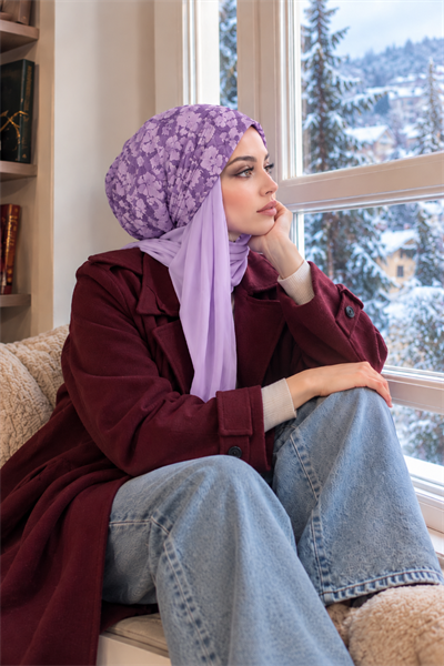 Lila Çiçek Şallı Salaş Tesettür Bere