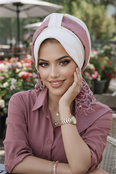 Beyaz Pudra Çiçek Desen Şapka Bone