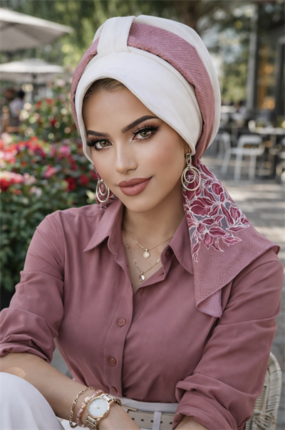 Beyaz Pudra Çiçek Desen Şapka Bone