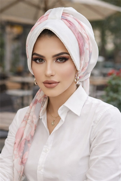 Beyaz Pudra Çiçek Desenli Şapka Bone