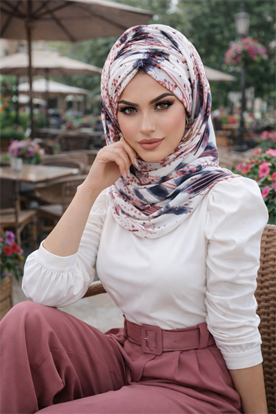 Beyaz Pudra Retro Desen Hazır Şal