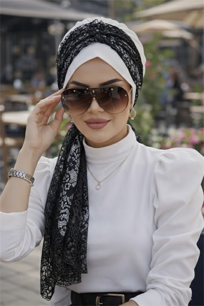 Beyaz Siyah Dantel Fularlı Bone-40602