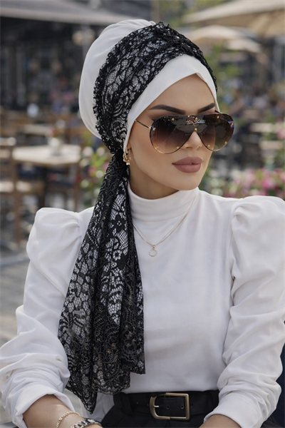 Beyaz Siyah Dantel Fularlı Bone-40602