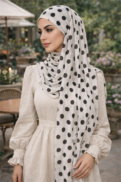 Beyaz Siyah Puanlı Hazır Şal