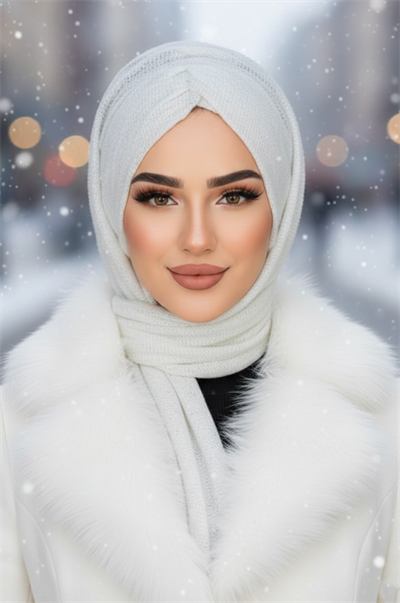 Beyaz Triko Kelebek Model Büzgülü Bone Şal