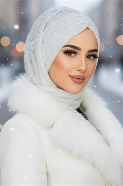 Beyaz Triko Kelebek Model Büzgülü Bone Şal