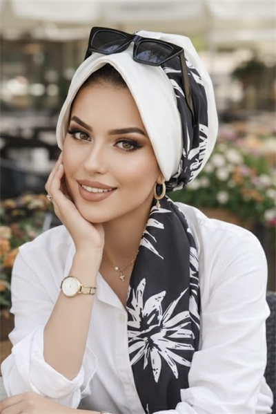 Beyaz YIldız Çiçek Desenli Şapka Bone