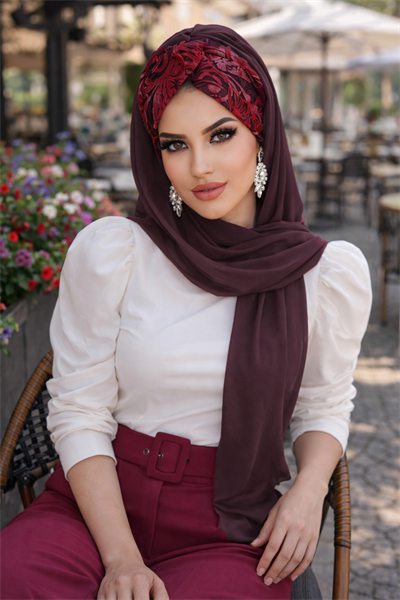 Bordo Çiçek Desen Burgu Hazır Şal