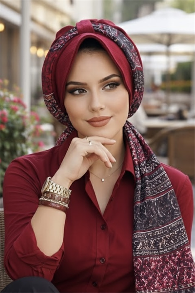 Bordo Etnik Desen Şapkalı Bone