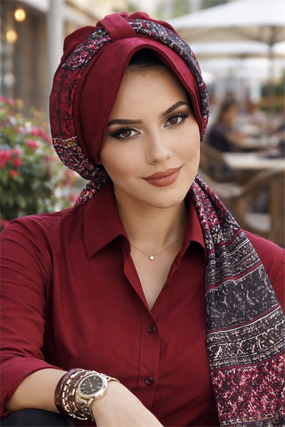 Bordo Etnik Desen Şapkalı Bone