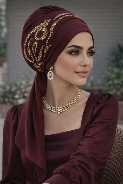 Bordo Gold Motifli Atkılı Abiye Bone