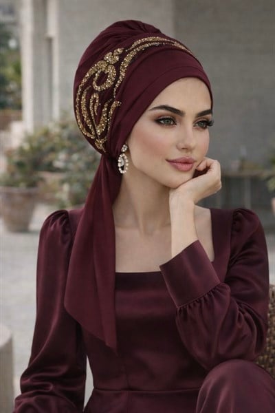 Bordo Gold Motifli Atkılı Abiye Bone