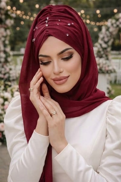 Bordo Işıltılı Taşlı Abiye Şal