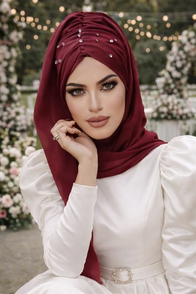 Bordo Işıltılı Taşlı Abiye Şal