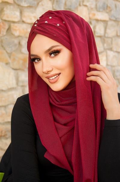 Bordo Işıltılı Taşlı Abiye Şal