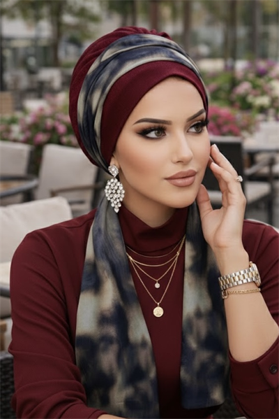 Bordo Kahve Batik Desen Fularlı Bone