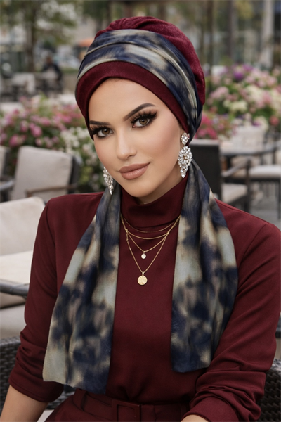 Bordo Kahve Batik Desen Fularlı Bone