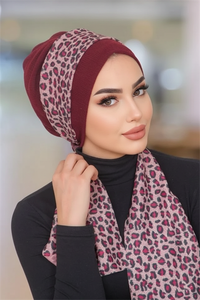 Bordo Leopar Desen Fularlı Bone