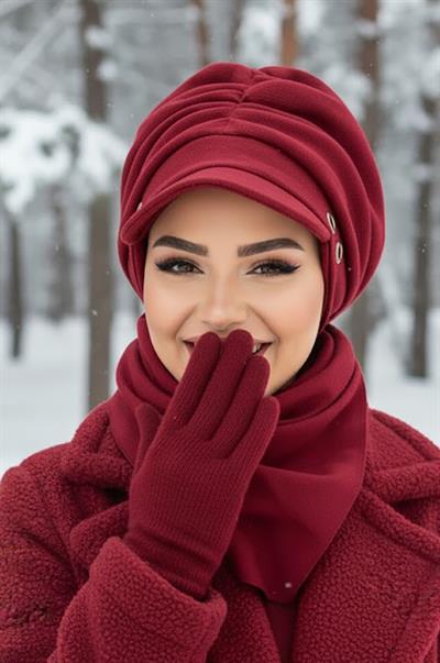 Bordo Metal Detaylı Büzgülü Tesettür Şapka Ve Etol Takım
