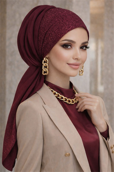 Bordo Simli Abiye Tokalı Bone / Hazır Duvak