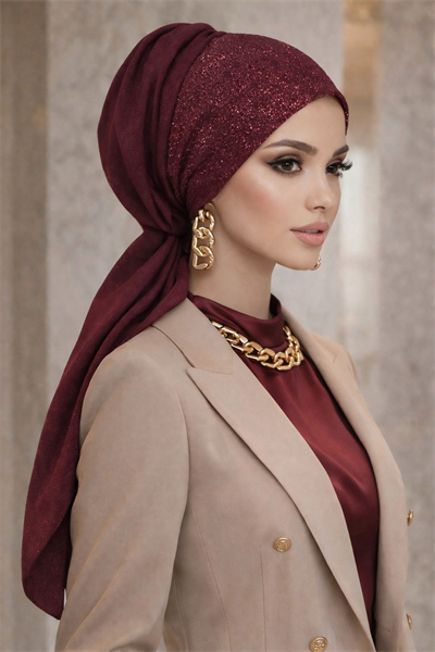 Bordo Simli Abiye Tokalı Bone / Hazır Duvak