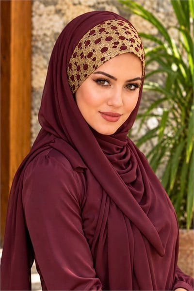 Bordo Simli Gold Detaylı Abiye Bandana Şal
