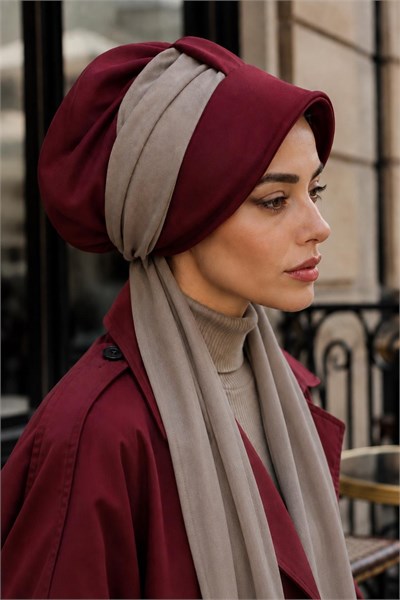 Bordo Taş Rengi Fularlı Şapka Bone