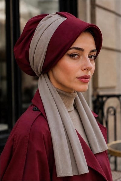 Bordo Taş Rengi Fularlı Şapka Bone