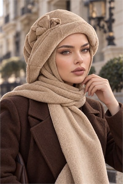 Camel Aksesuarlı Atkılı Vintage Şapka