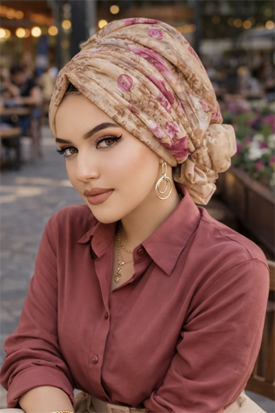 Camel Vişne Çiçek Desen Tokalı Bone