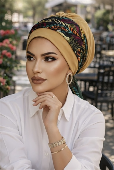 Camel Yaprak Desenli Bantlı Hazır Bone