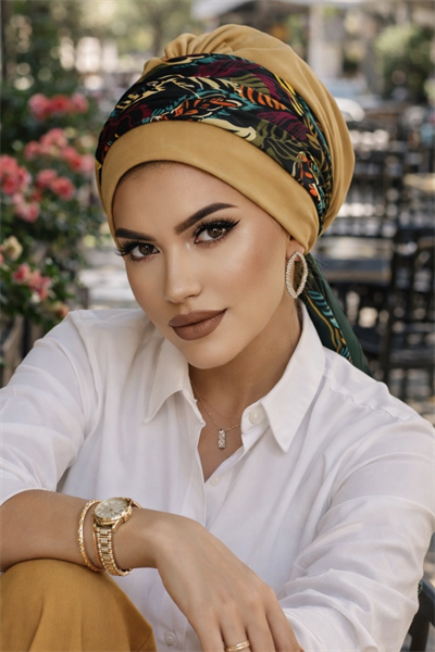 Camel Yaprak Desenli Bantlı Hazır Bone