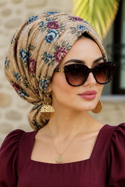 Camel Yaprak Desenli Tokalı Bone