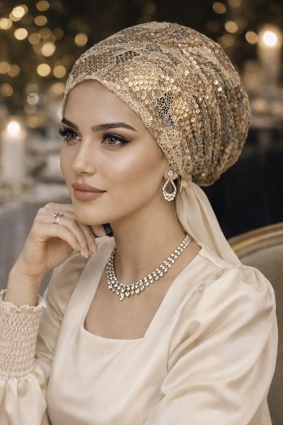 Dore Rengi Payet İşlemeli Eşarp Bone