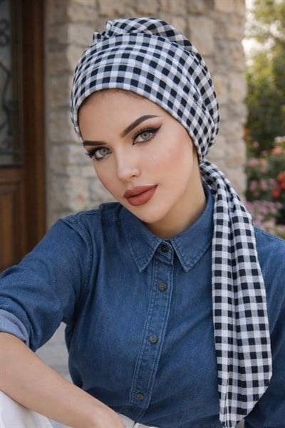 Ekru Ekoseli Atkılı Bone