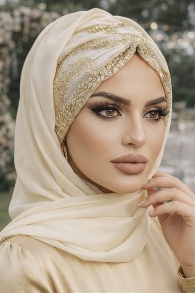 Ekru Gold Dantelli Hazır Şifon Şal