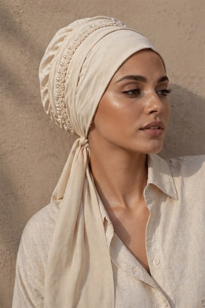 Ekru İnci Detaylı Abiye Atkılı Bone